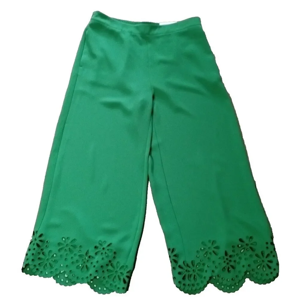 Chico's Wide Leg Crop Pants Kelly Green Eyelet Scallop Hem Sz 8 Preppy NWT $119 - Picture 4 of 14
